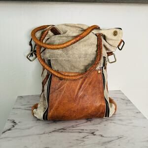 Mona B Tan Canvas And Leather Satchel Shoulder Bag